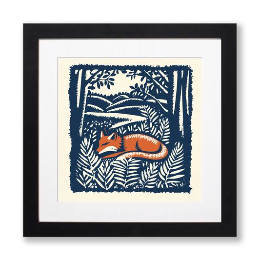 Ferns with resting fox Linoprint-Style Art (90-1)