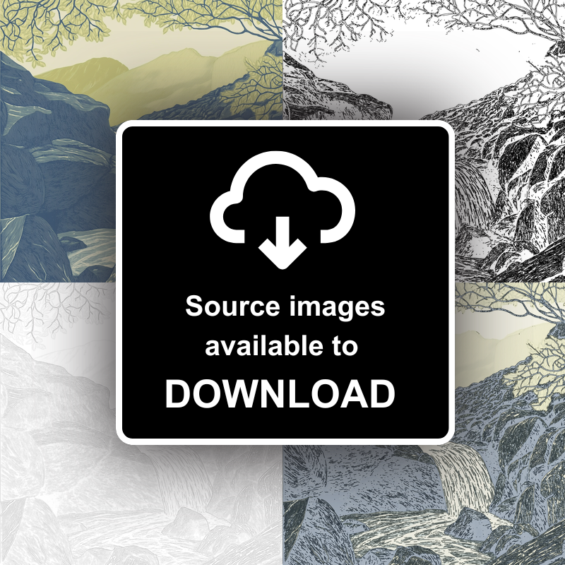 Aira Force waterfall in the Lake District Linoprint-Style Art (2355-4)