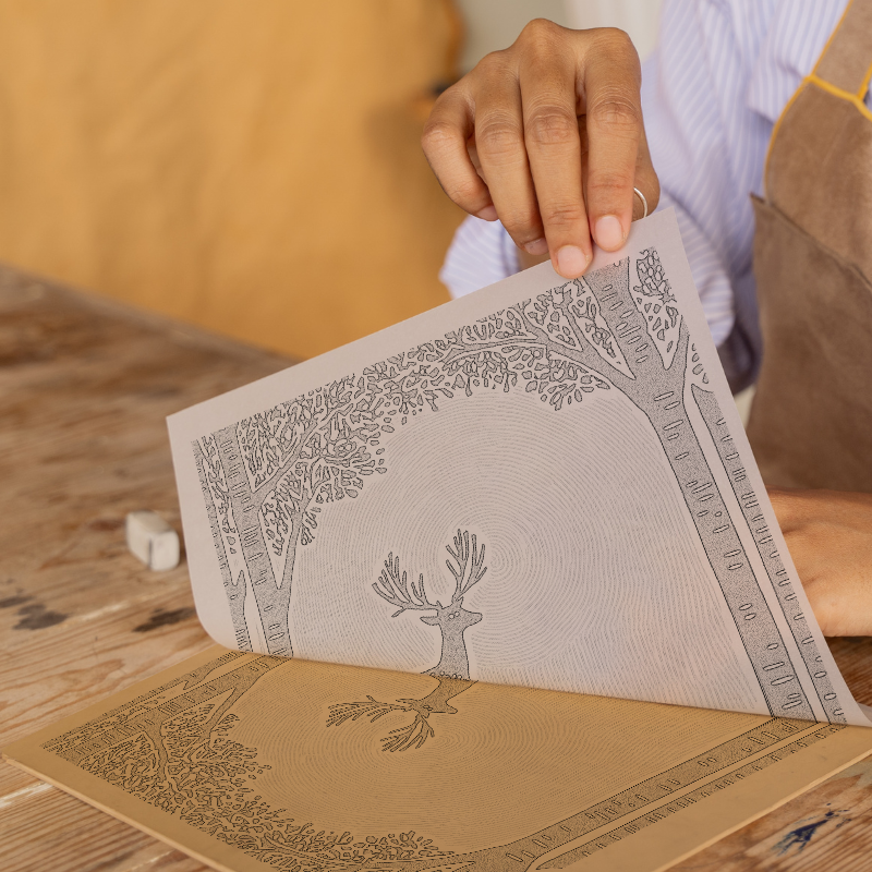 Red deer stag in mist Linoprint-Style Art (729-1)