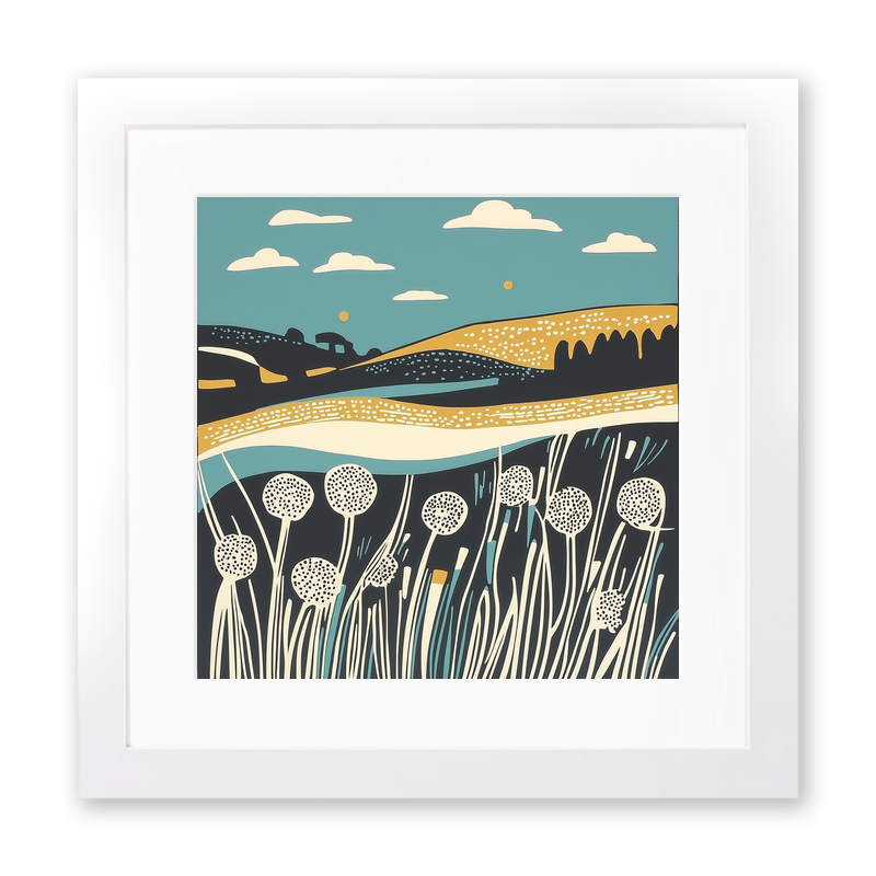 Dandelions by roadside verge Linoprint-Style Art (1879-1)