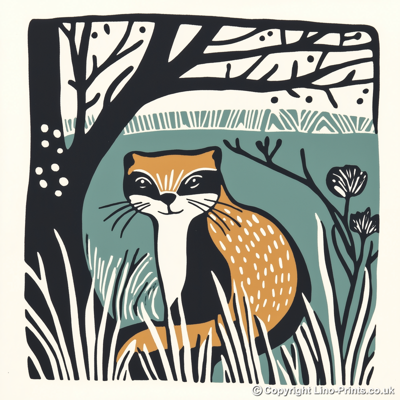 Cute Ferret Linoprint-Style Art (1203-2)