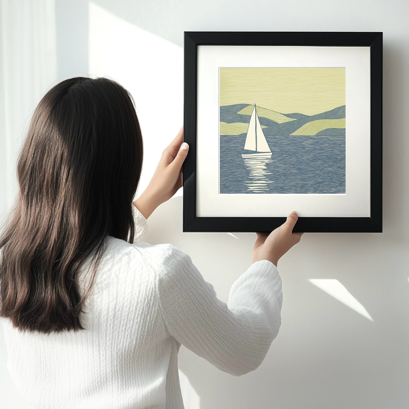 Sailing boat silhouette on the water Linoprint-Style Art (2528-5)