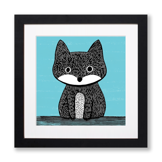 Cute Arctic Fox Pup Linoprint-Style Art (607-2)