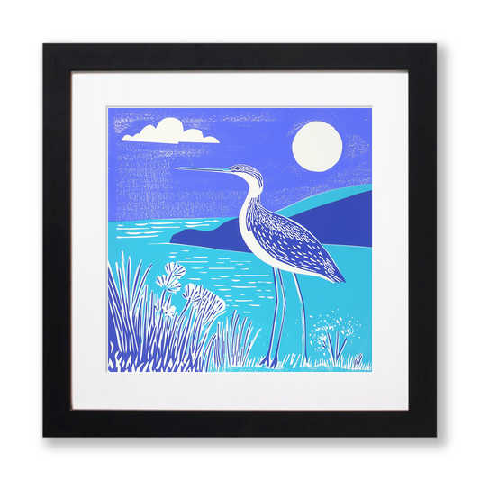 Curlew calling in the shallows Linoprint-Style Art (1778-1)
