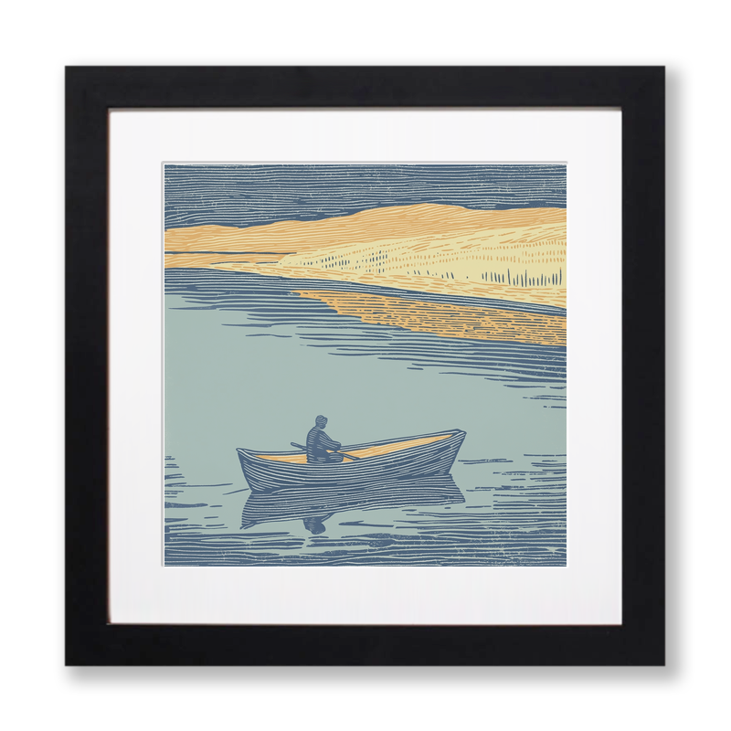 Person rowing boat with reflections Linoprint-Style Art (2498-1)