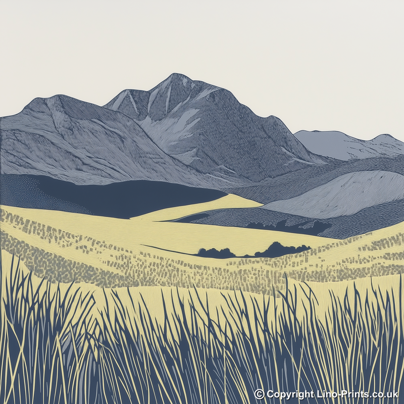 The Langdale Pikes silhouette in the Lake District Linoprint-Style Art (2579-2)