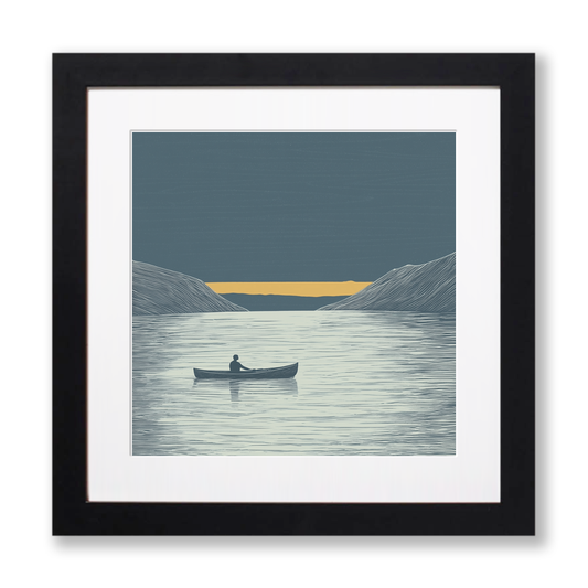 Kayaker silhouette on calm water Linoprint-Style Art (2468-1)