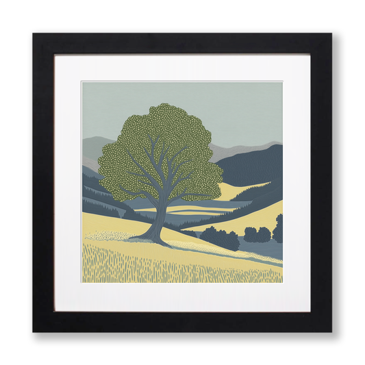Ancient Oak tree in a valley Linoprint-Style Art (2356-1)