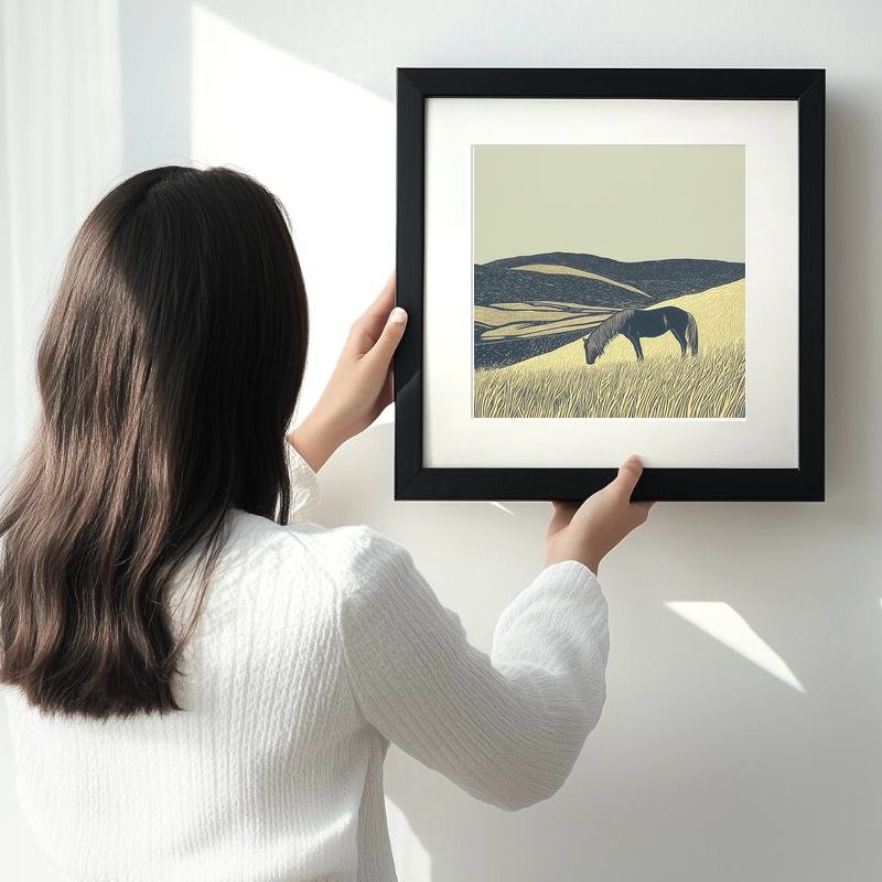 Fell pony silhouette grazing Linoprint-Style Art (2425-1)