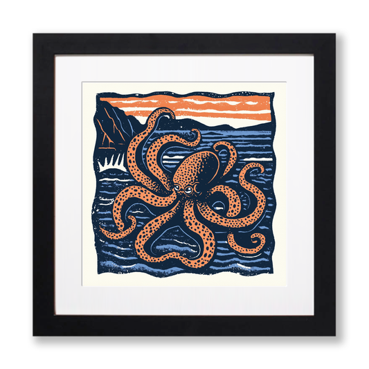 Octopus with swirling tentacles Linoprint-Style Art (508-1)