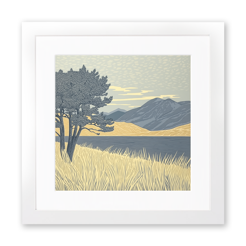 Buttermere lone pines in the Lake District Linoprint-Style Art (2378-2)
