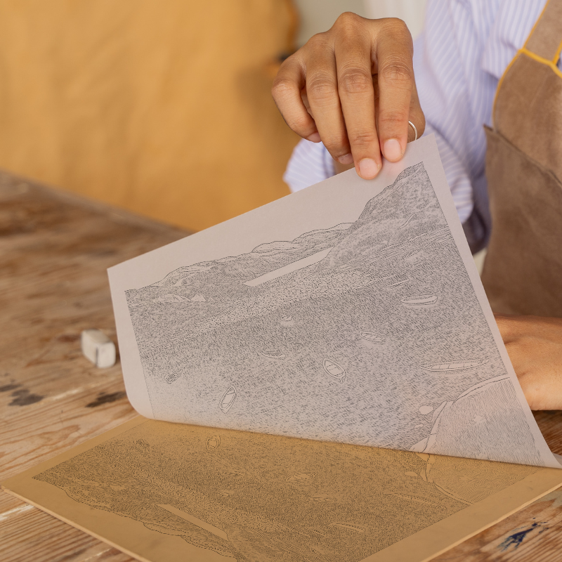 View of lake boats from above Linoprint-Style Art (2590-2)