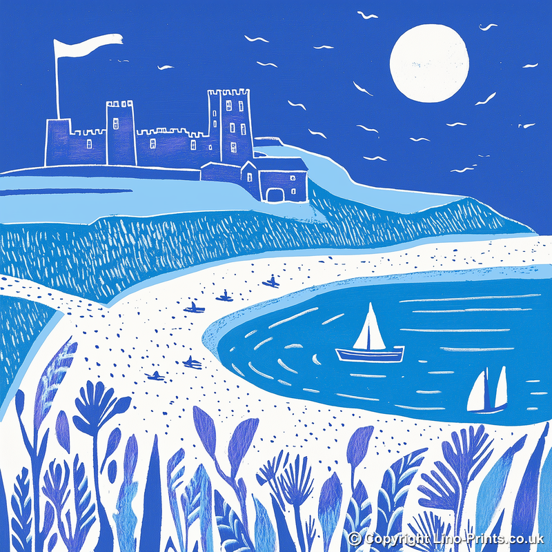 Bamburgh Beach and Castle, Northumberland Linoprint-Style Art (1076-2)