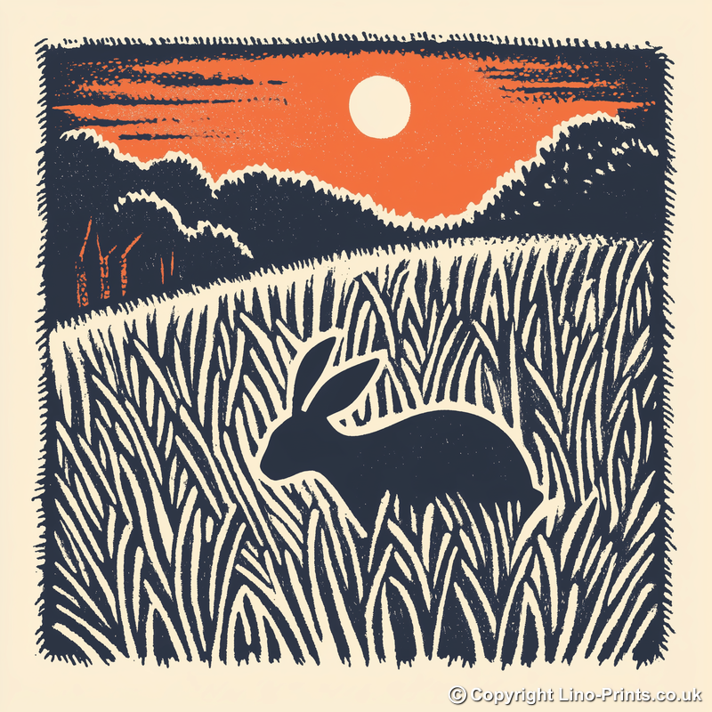 Hare in long grass Linoprint-Style Art (93-1)