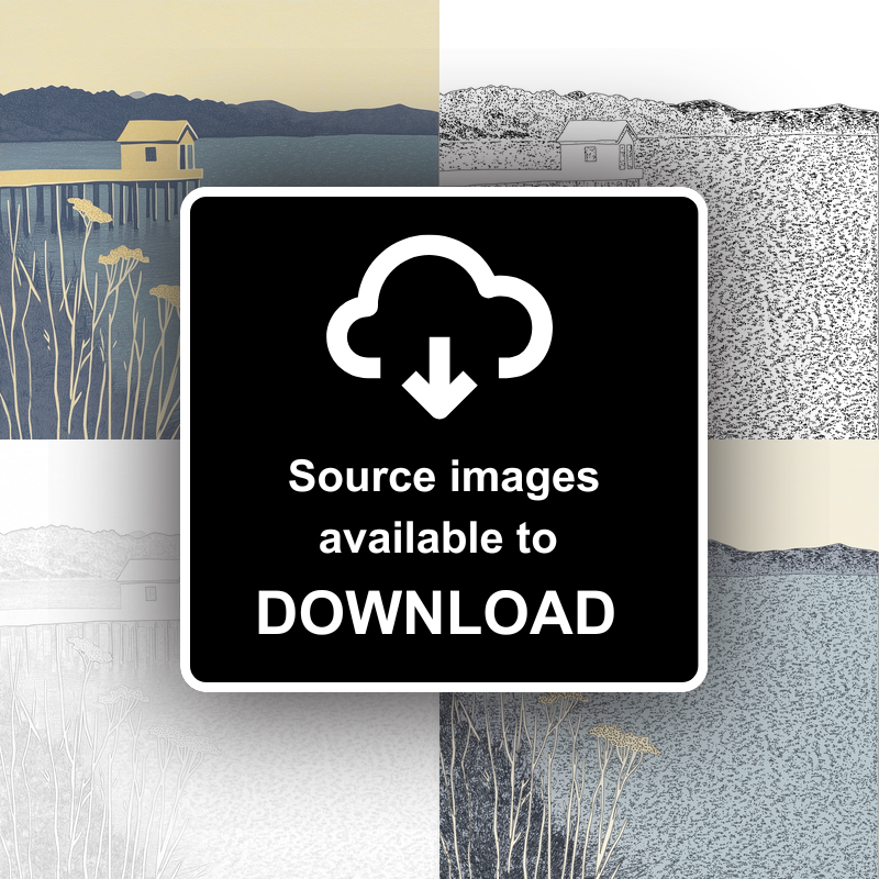 Boathouse silhouette on lake edge Linoprint-Style Art (2371-2)