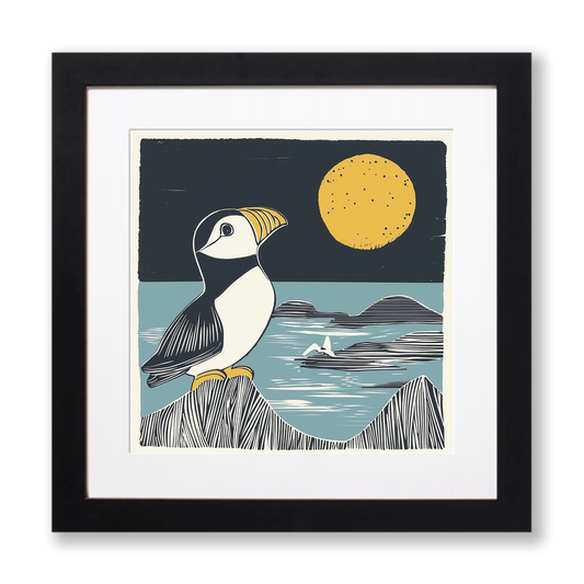 Cute Puffin/Puffling Linoprint-Style Art (1220-1)