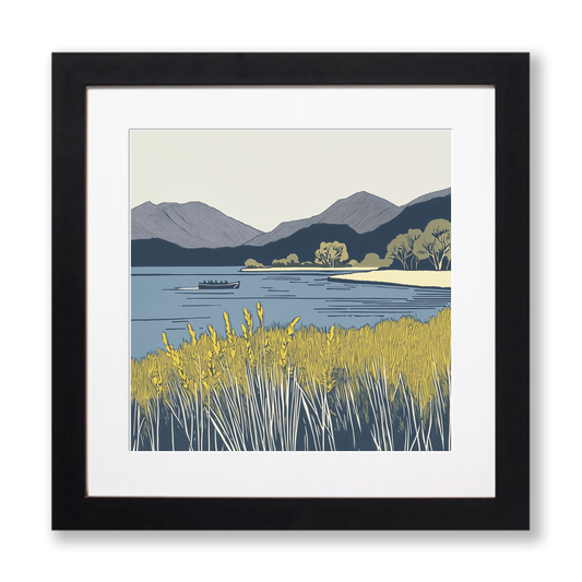 Keswick launch crossing Derwentwater Linoprint-Style Art (2470-2)