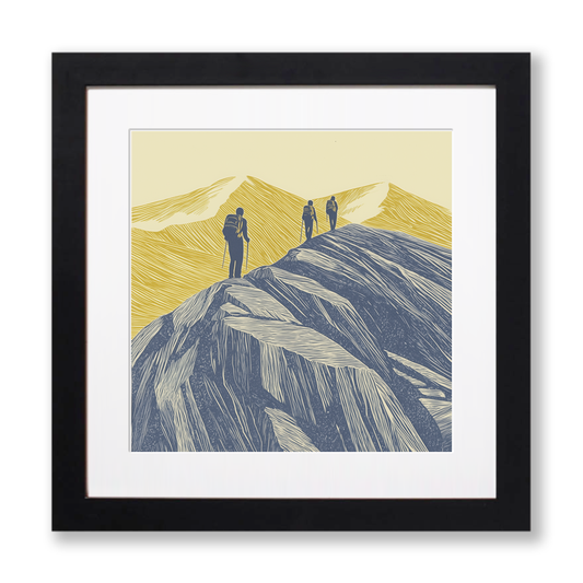 Hikers on a ridge silhouette Linoprint-Style Art (2456-1)