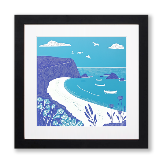 Beer Beach, Devon Linoprint-Style Art (1078-2)