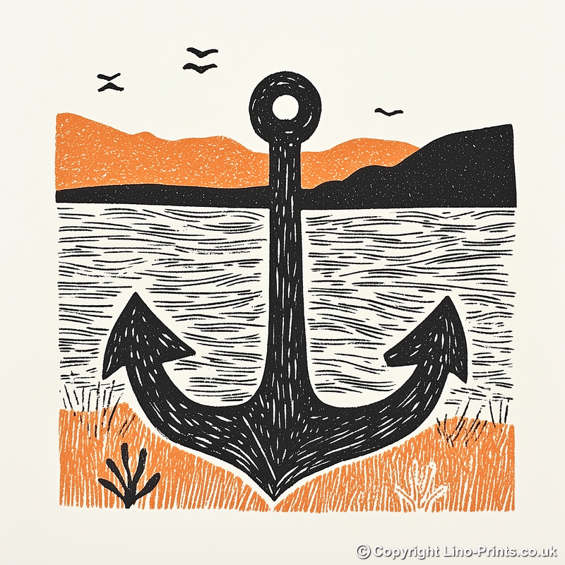 Rusty anchor buried in the shore Linoprint-Style Art (2123-1)