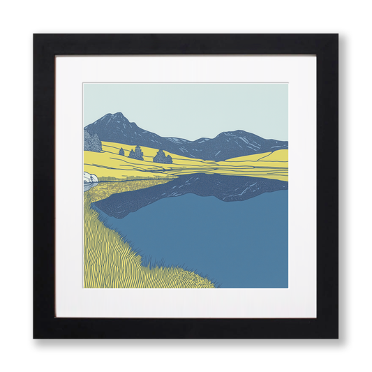 Blea Tarn reflections of Langdales Linoprint-Style Art (2362-1)