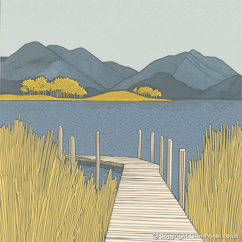 Derwentwater jetties and islands Linoprint-Style Art (2405-1)