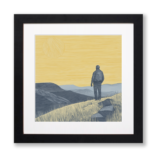 Hiker silhouette watching sunset over fells Linoprint-Style Art (2455-1)