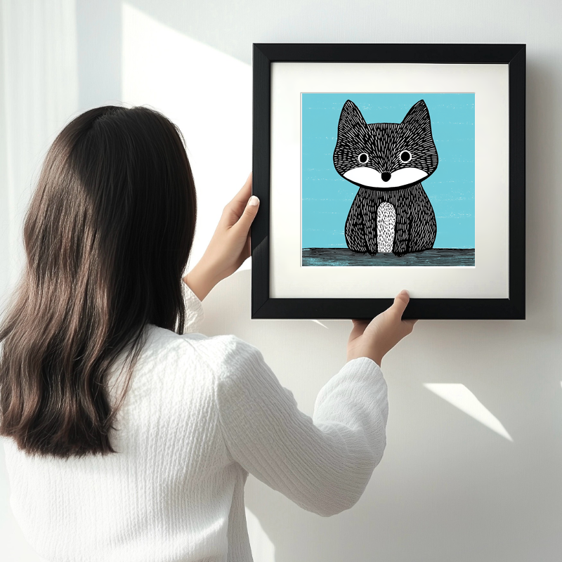 Cute Arctic Fox Pup Linoprint-Style Art (607-2)