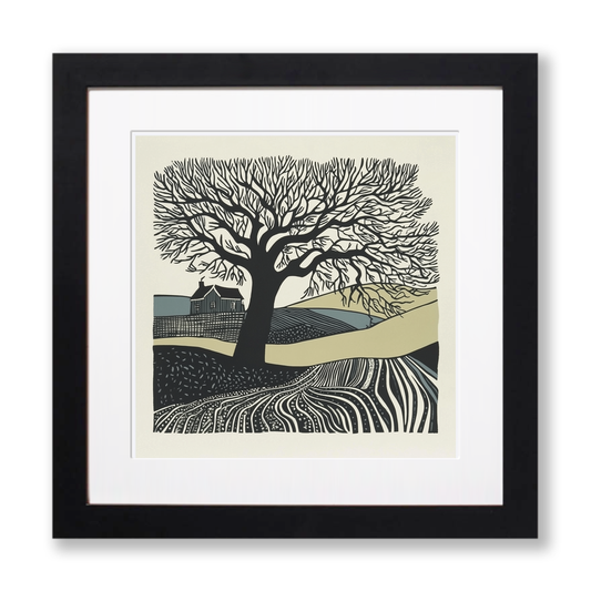 Ancient oak in a Norfolk field Linoprint-Style Art (1855-1)