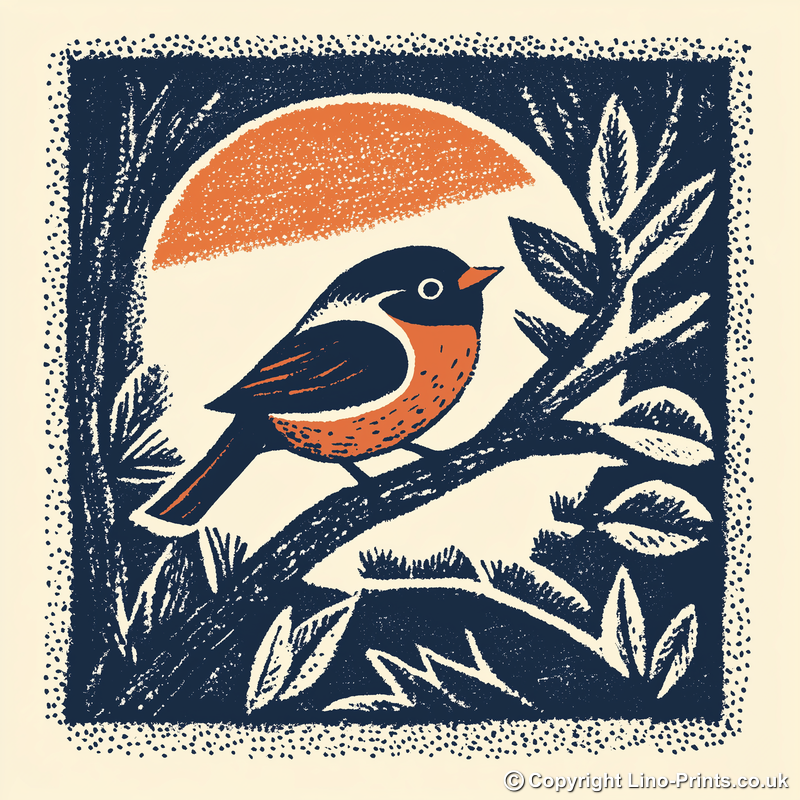 Cute Baby Robin Linoprint-Style Art (45-1)