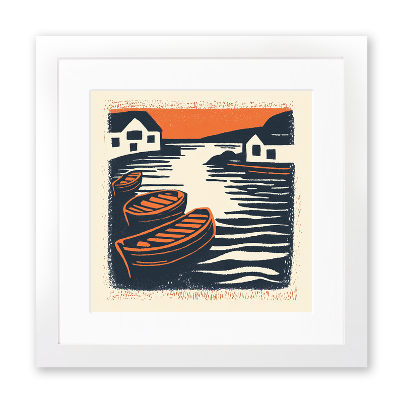 Reflections of boats in still harbour Linoprint-Style Art (2021-1)