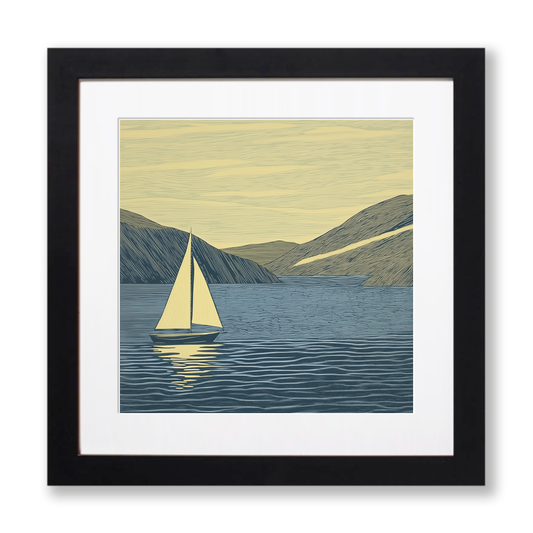 Sailing boat silhouette on the water Linoprint-Style Art (2528-4)