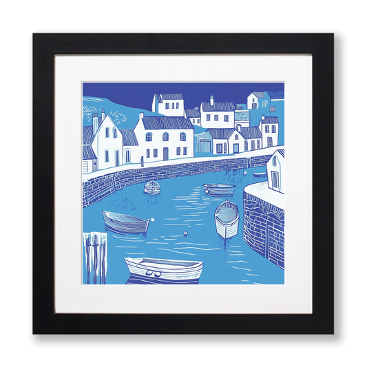 Mevagissey Harbour, Cornwall Linoprint-Style Art (1095-2)