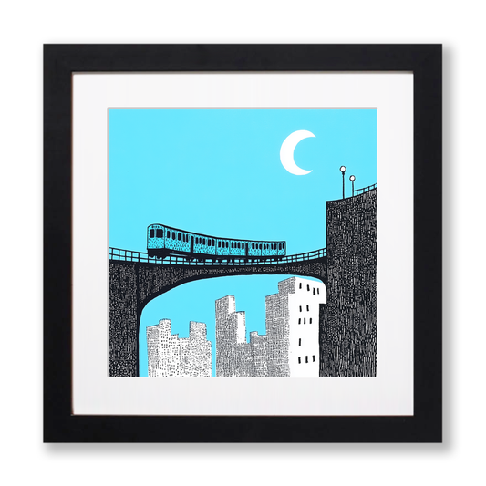 Chicago elevated train tracks Linoprint-Style Art (551-1)