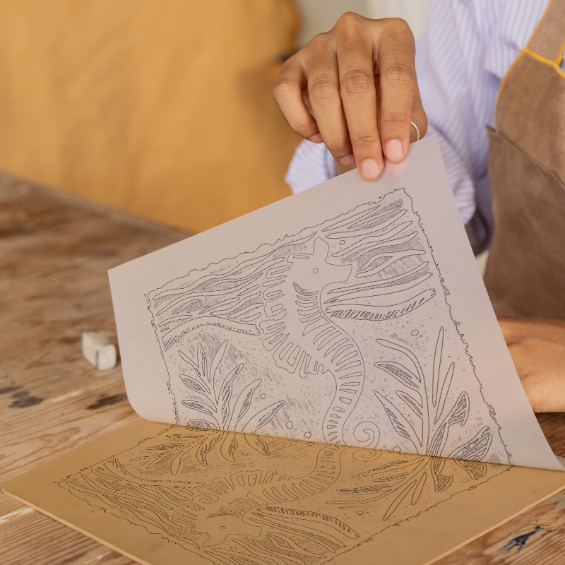 Seahorse in seaweed Linoprint-Style Art (109-2)