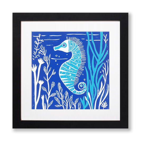 Seahorse in seaweed Linoprint-Style Art (1023-1)