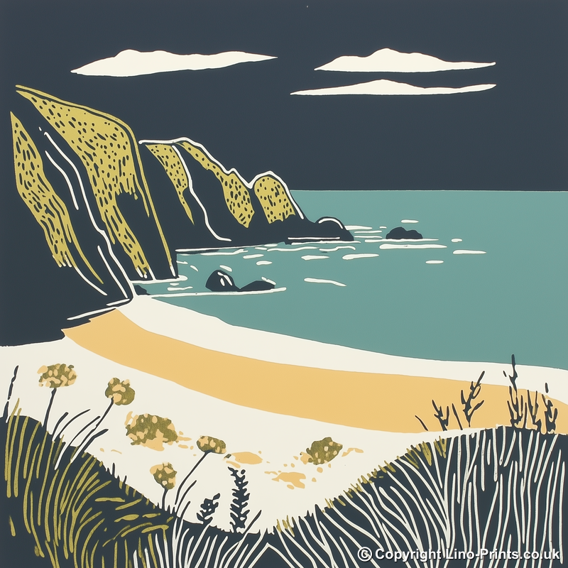 Porthcurno Beach Linoprint-Style Art (1186-1)