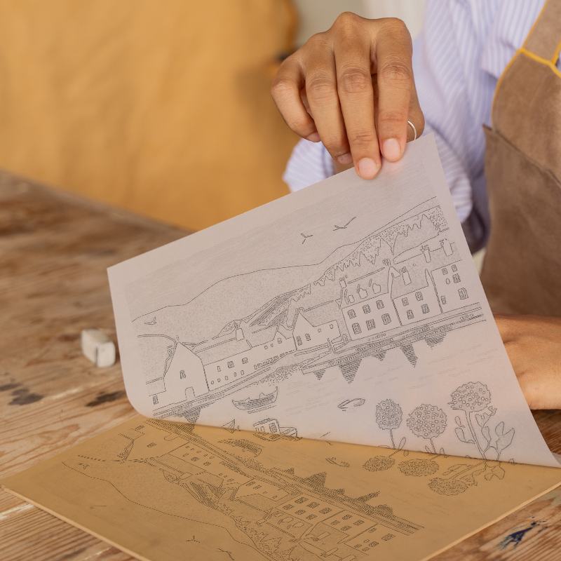 Portree Harbour, Isle of Skye Linoprint-Style Art (1102-1)