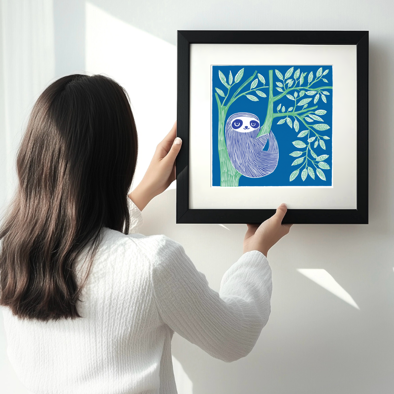 Cute Sloth Linoprint-Style Art (936-1)