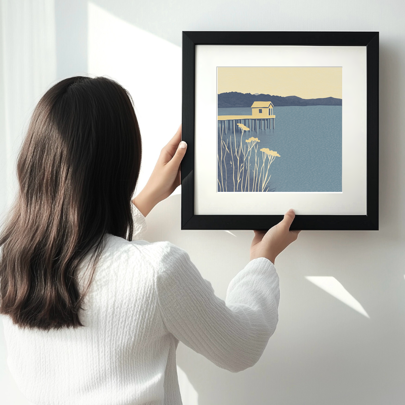 Boathouse silhouette on lake edge Linoprint-Style Art (2371-2)