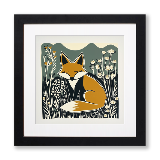Cute Fox Cub Linoprint-Style Art (1204-1)
