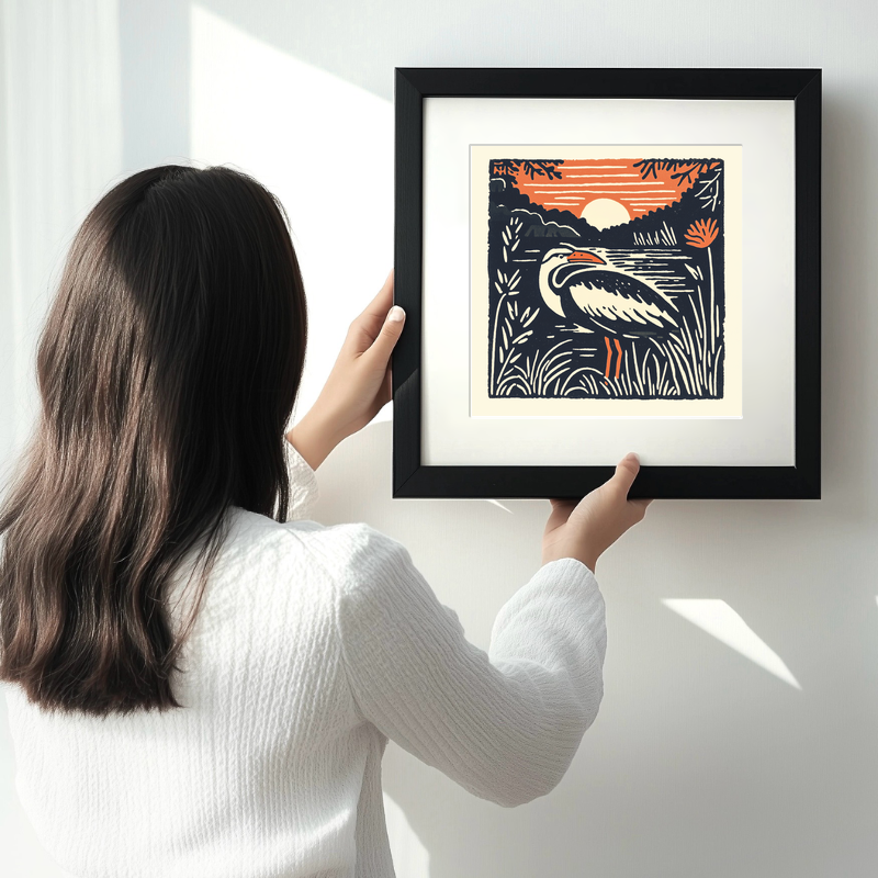 Heron in marshland Linoprint-Style Art (95-1)