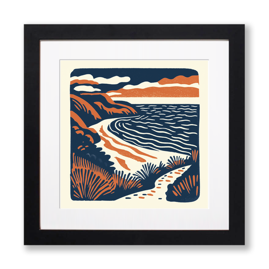 Rhossili Bay, Gower Peninsula Linoprint-Style Art (149-1)