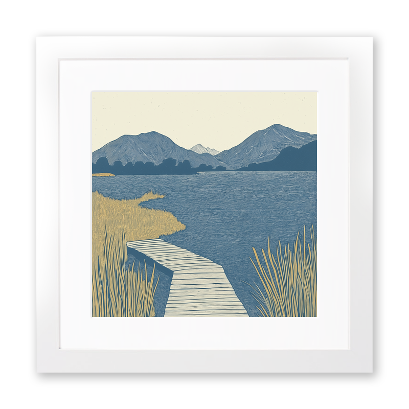 Derwentwater jetties and islands Linoprint-Style Art (2405-2)