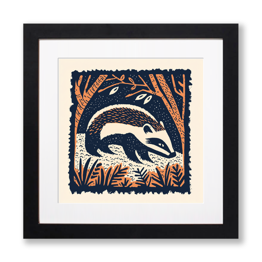 Badger emerging from sett Linoprint-Style Art (83-2)