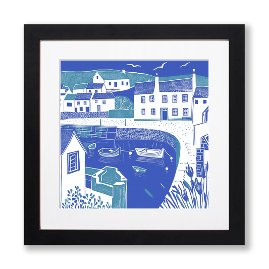 Mousehole Harbour, Cornwall Linoprint-Style Art (1096-4)