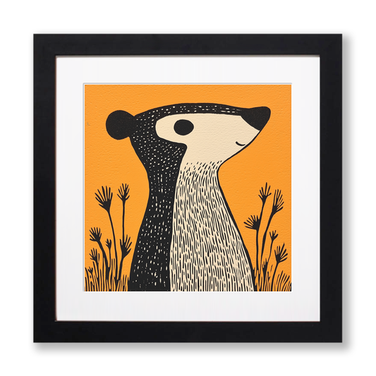 Cute Baby Badger Linoprint-Style Art (205-2)