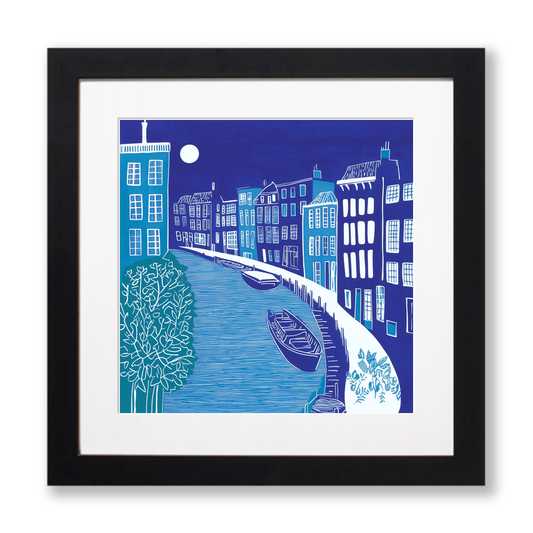 Amsterdam canal at twilight Linoprint-Style Art (836-2)