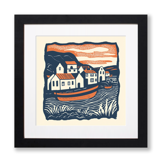 Cemaes Bay, Anglesey Linoprint-Style Art (129-1)