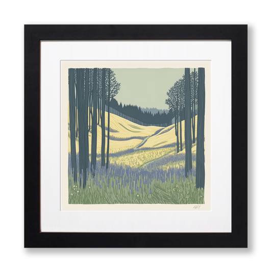 Bluebells in woodland Linoprint-Style Art (2366-1)